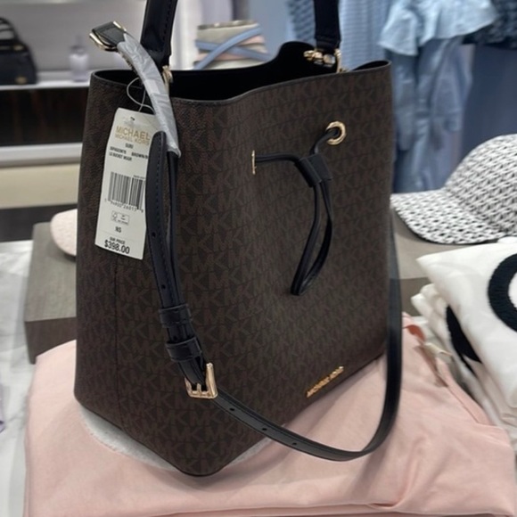 MICHAEL Michael Kors Handbags - Michael Kors Bag Suri Large Logo Bucket Drawstring MK Brown Black AUTHENTIC NEW
